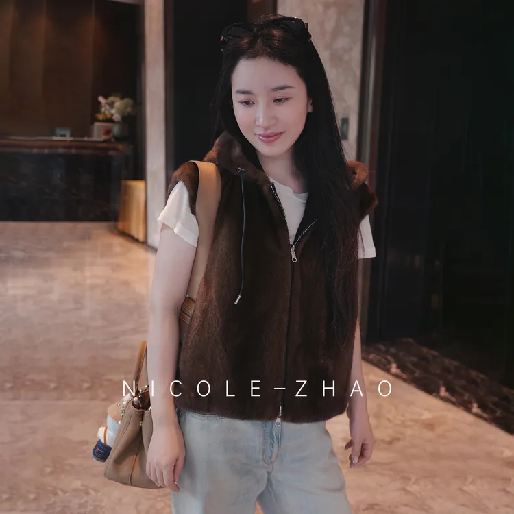 贵姐NICOLE哥本哈根紫金短二咖啡原色双面穿水貂连帽马甲5NWJ013