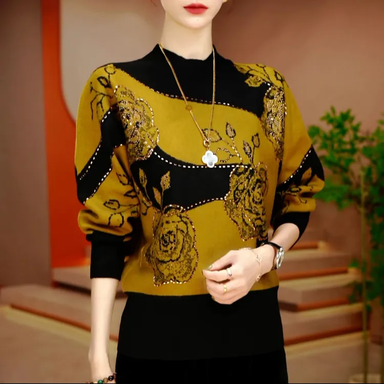 高端烫钻时尚提花圆领毛衣女士长袖百搭宽松针织衫套头针织衫上衣