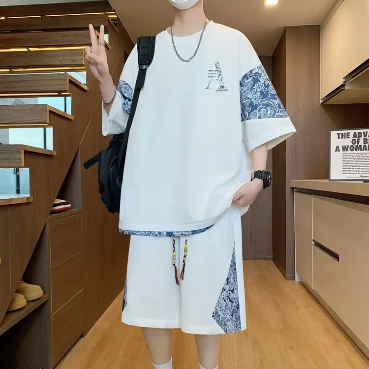 夏季短袖短裤男两件套凉感户外运动港风百搭休闲宽松透气时尚
