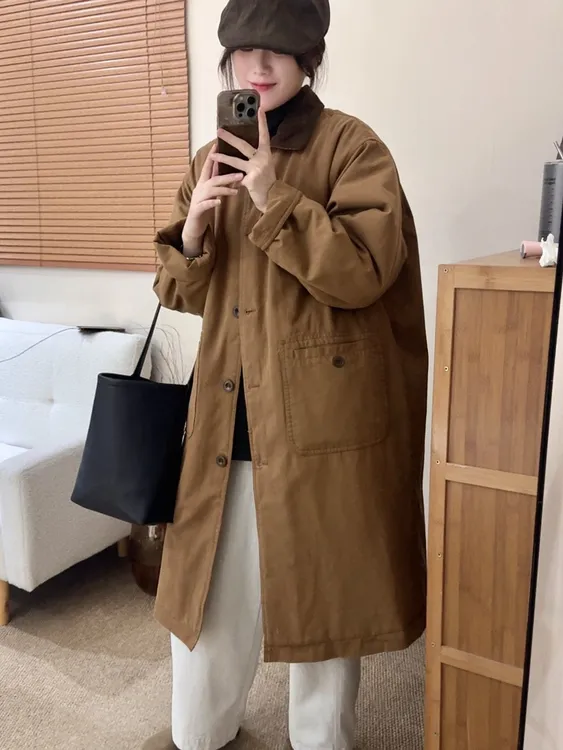 复古棉服女2025年冬季拼接灯芯绒翻领宽松休闲中长款工装棉衣外套