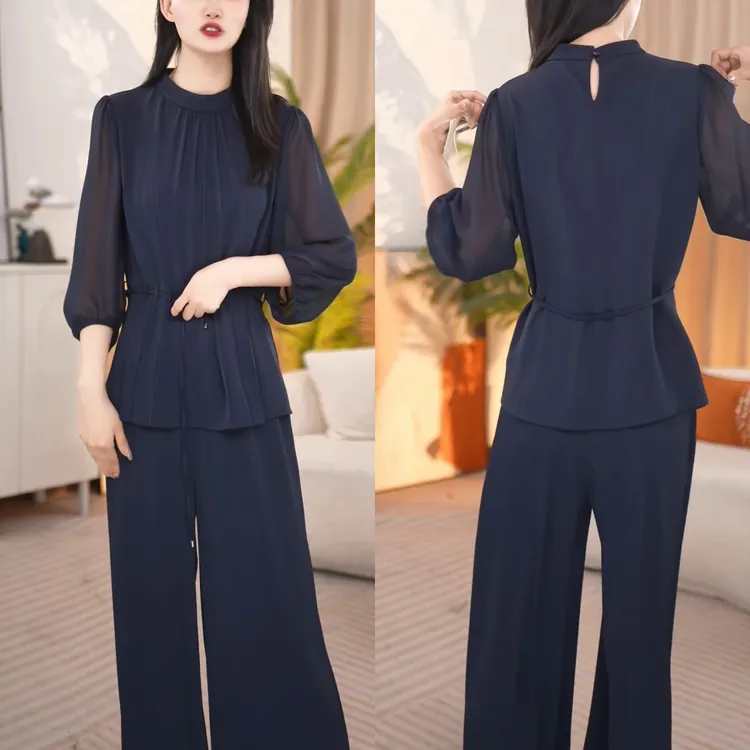 法式圆领网纱上衣长裤两件套2025早秋新款抽绳收腰显瘦时尚套装女