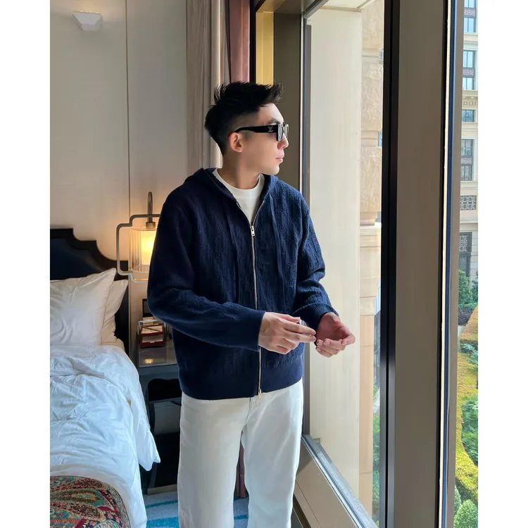 【镶嵌提花针织衫】D*羊毛专机定制ykk双拉链连帽毛衣情侣开衫外套