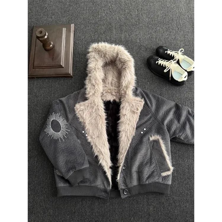 美式座山雕加绒棉服夹克男秋冬季痞帅短款休闲上衣高级感棉衣外套