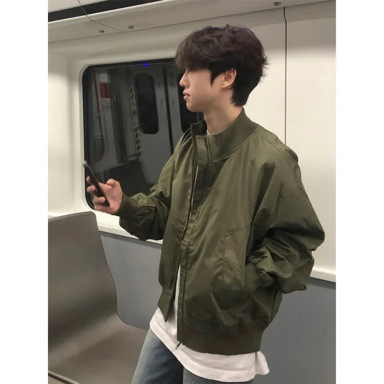 -EQME-军绿色短款飞行员夹克男秋季美式复古vibe美式痞帅