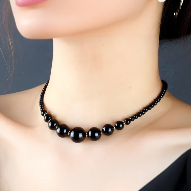 合金项链 锦瑟原创首饰新款黑色百搭项链女遮疤短款锁骨链新串珠