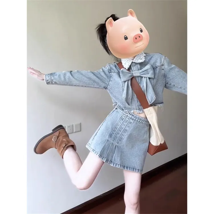 早秋牛仔套装裙女2025新款复古水洗毛边牛仔外套高腰半身裙两件套