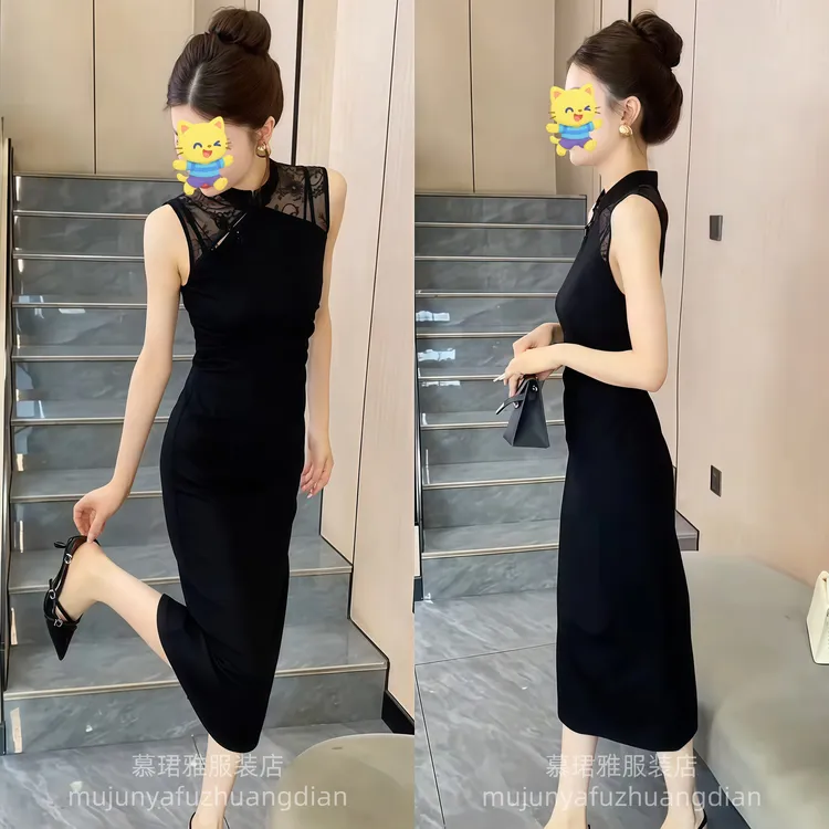 连衣裙夏气质感黑色高级2025新款潮温柔女绝美中式无袖新旗袍