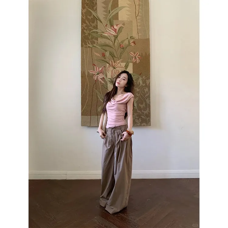 韩系休闲风设计感收腰显瘦短袖T恤上衣女夏季阔腿工装裤时尚套装