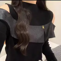 一字肩网纱拼接长袖上衣