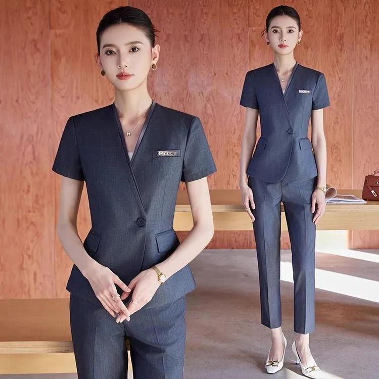 灰色短袖西装套装女职业夏季酒店前台接待工装珠宝店美容院工作服