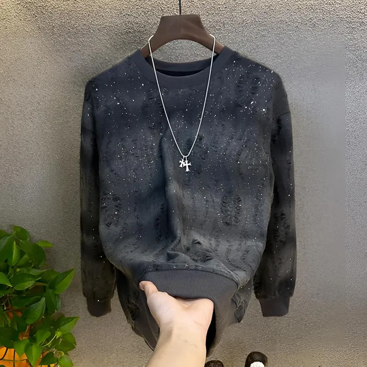 满天星烫钻卫衣男士秋冬季潮流痞帅打底衫时尚设计感渐变破洞上衣