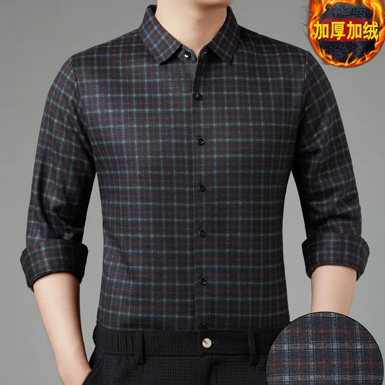 卡尔皮诺7856加绒保暖冬季男士格子宽松弹力免烫长袖衬衫高档商务