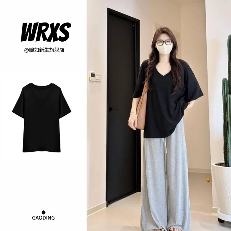 【婉如新生】黑色慵懒风v领短袖t恤女纯色简约百搭宽松上衣oversize