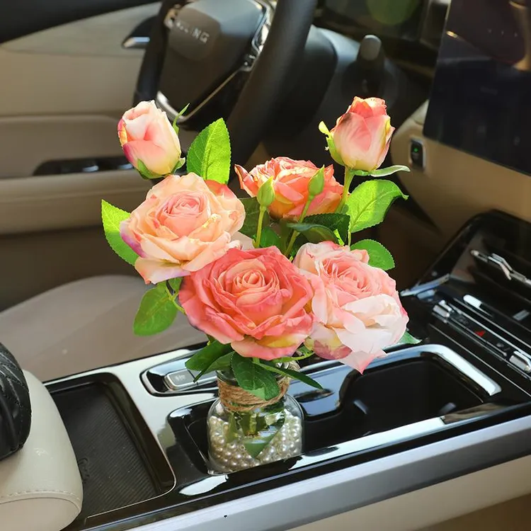 法式油画焦边仿真玫瑰车内饰品汽车摆件水杯架装饰氛围感车载花束