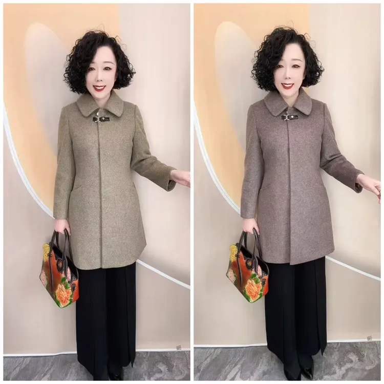 A09早春新款方领加里衬宽松大码显瘦毛半大外套，衣长86