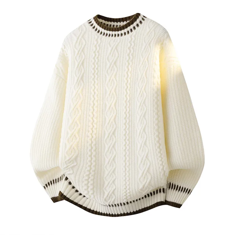 复古绞花毛衣男秋冬季圆领针织衫男保暖内搭青少年宽松打底毛线衣