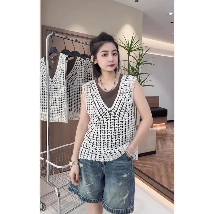 欧洲站2025春秋新款松弛感镂空两件套女慵懒风无袖百搭上衣两件套