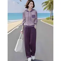 时尚撞色条纹连帽上衣松紧腰九分裤女装套装秋