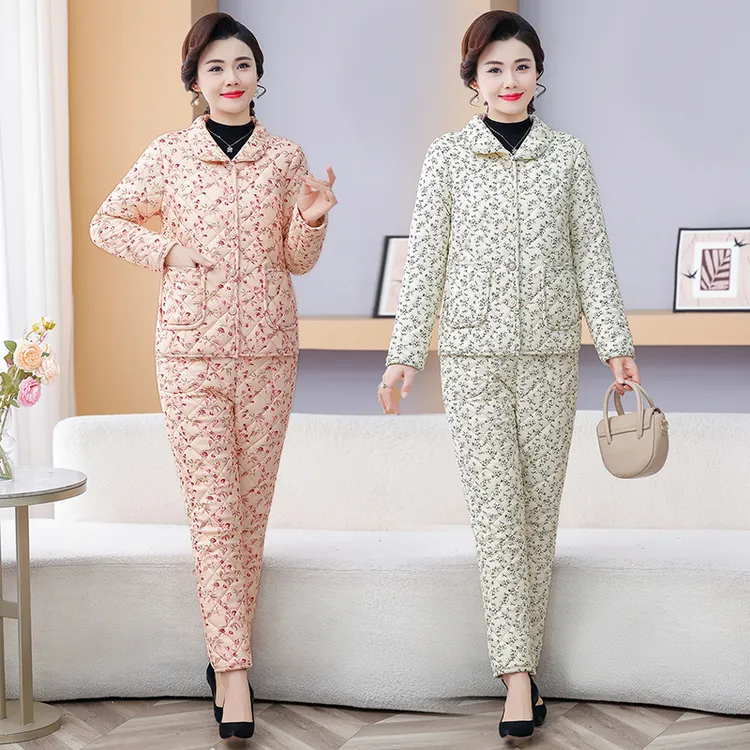 中老年翻领碎花加绒棉衣套装冬季妈妈装保暖减龄洋气棉衣+棉裤