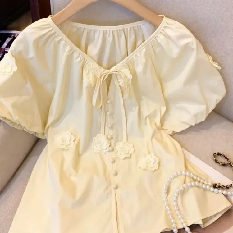 薄荷曼波绿色立体花朵V领系带衬衫女夏季小个子娃娃衫泡泡袖上衣