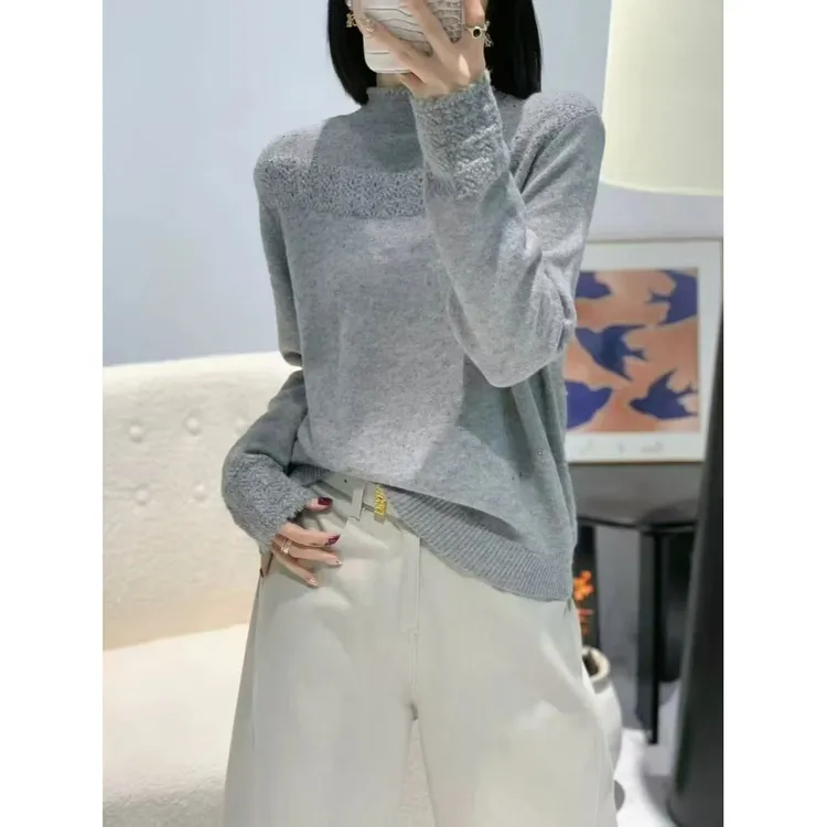 冬季新款时尚烫钻半高领纯色毛衣女洋气套头针织衫内搭打底衫上衣