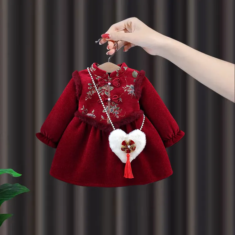 周岁女宝礼服女童冬季加绒旗袍儿童新中式国风红色过年公主连衣裙
