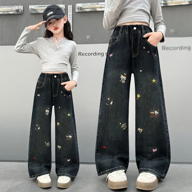 女童洋气绣花牛仔阔腿裤秋季儿童宽松休闲直筒裤中大童百搭长裤子