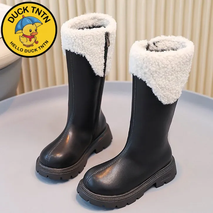 小黄鸭女童靴子2025秋冬季新款靴中大童厚底棉靴儿童加绒公主长筒