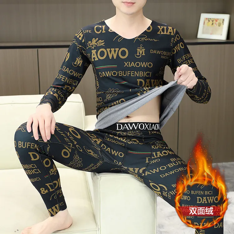 轻奢男士保暖内衣套装V领秋冬季双面德绒内搭秋衣秋裤防寒打底衫