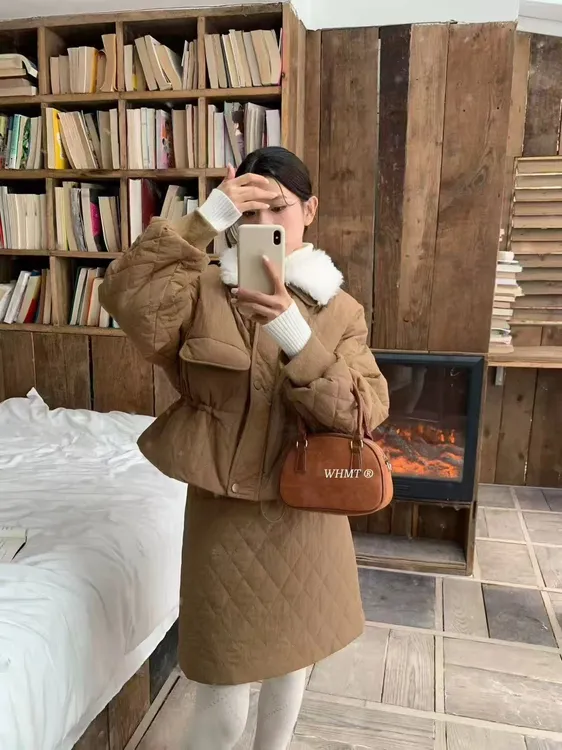 2025时尚气质复古菱形格欧货百搭秋冬胖mm显瘦外套+裙子套装9938