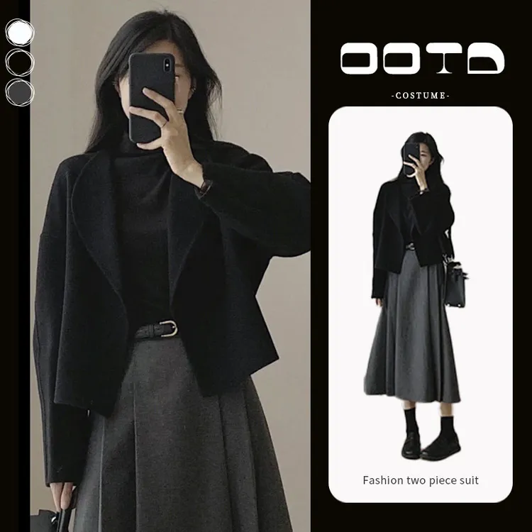 【现货】入秋女2025新款韩版气质毛呢短外套显瘦百褶半身裙两件套