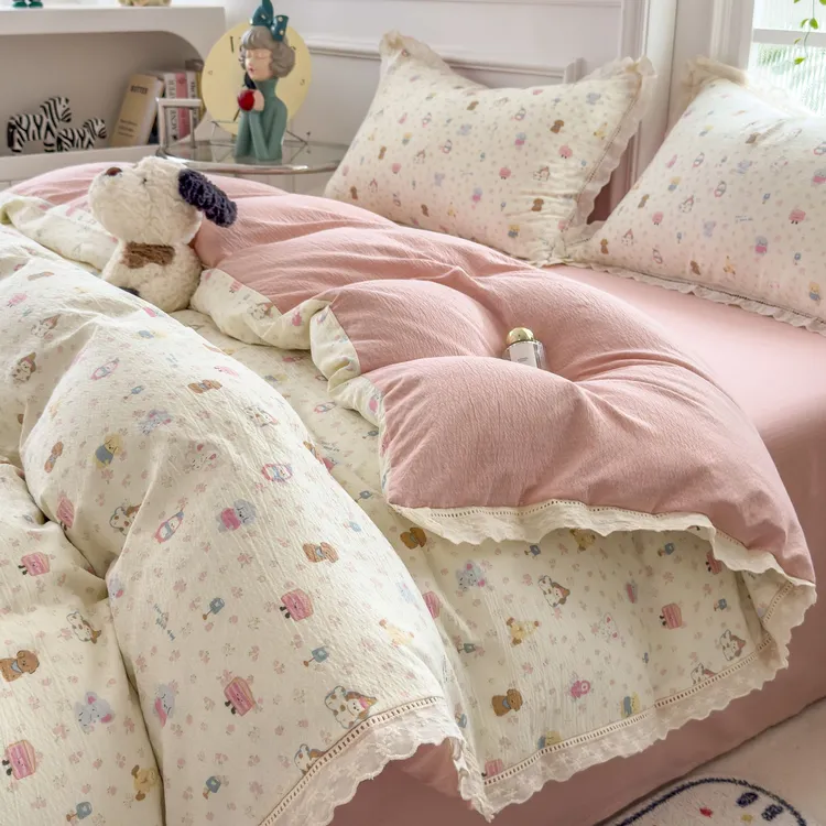 A类小清新花边四件套夏季新款可裸睡学生宿舍床单被套三件套大人