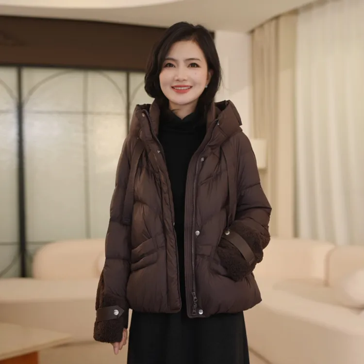 枫竺阿楠anan90白鸭绒连帽羽绒服拼接绒毛袖口女冬季保暖羽绒外套