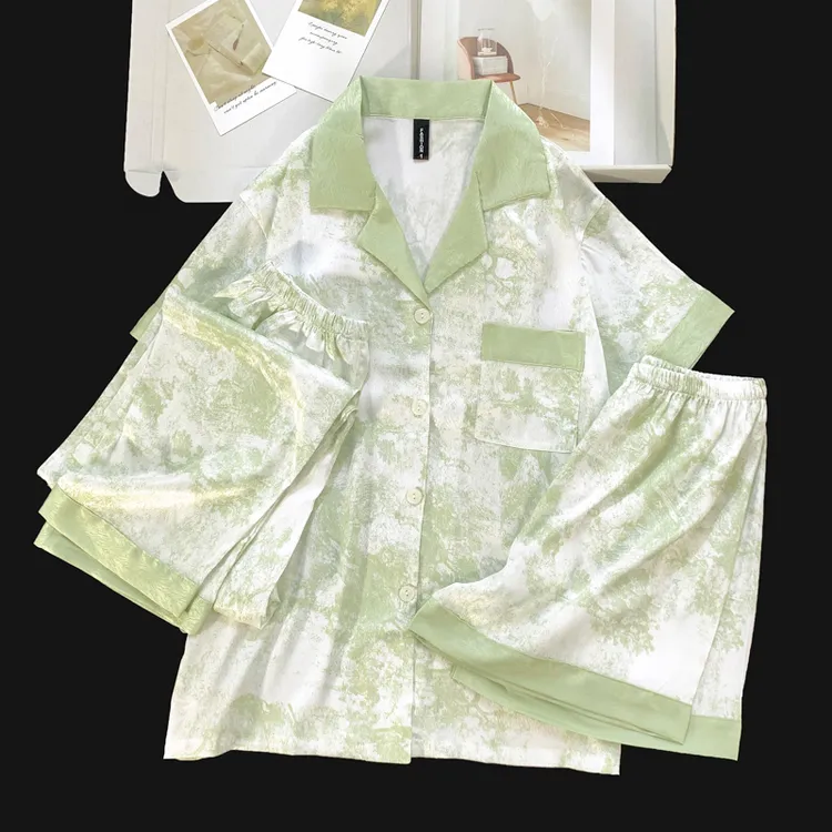 GIOIO时尚爆款夏季短袖冰雪丝睡衣女薄款冰丝三件套女家居服套装