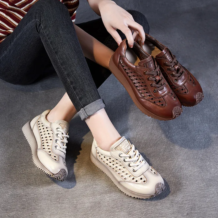 2025春夏新款帅气英伦真皮手工系带打孔平跟单鞋镂空女鞋阿甘鞋
