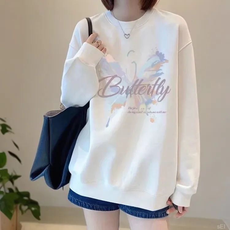 白色加绒圆领卫衣女款2025秋冬新款爆款宽松大码上衣洋气减龄外套