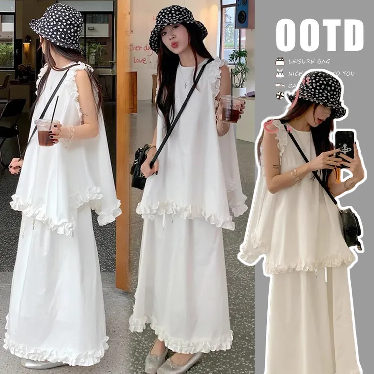 孕妇装法式温柔风不规则褶皱无袖夏季宽松荷叶边衬衫半身裙套装