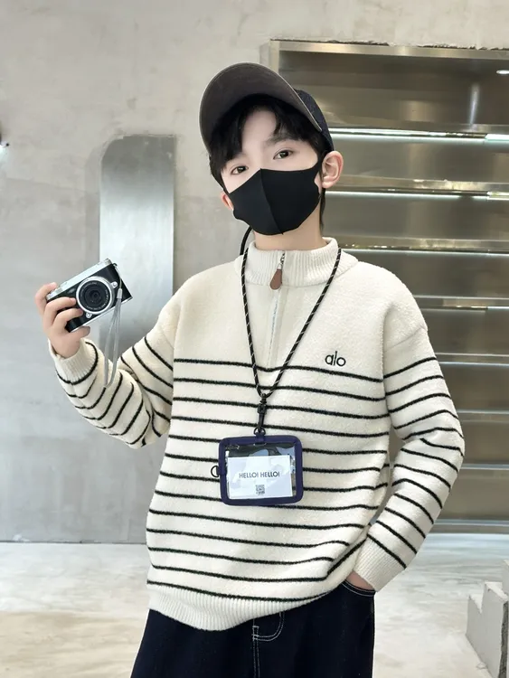 【加绒不起球】韩国绒条纹童装毛衣针织衫立领半拉链一体绒保暖冬款