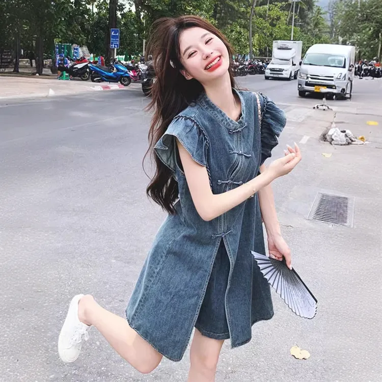 夏季薄款新中式国风盘扣显瘦小个子牛仔连衣裙短裤两件套女套装裙