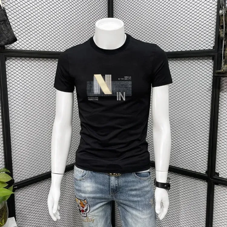 男士短袖高端时尚潮牌夏季休闲字母体恤2025新款潮流修身百搭T恤