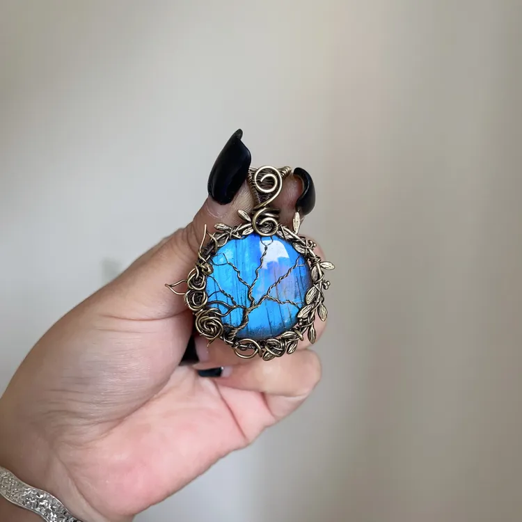 黄铜做旧手工制作蓝色生命树首饰编织（可碰水）