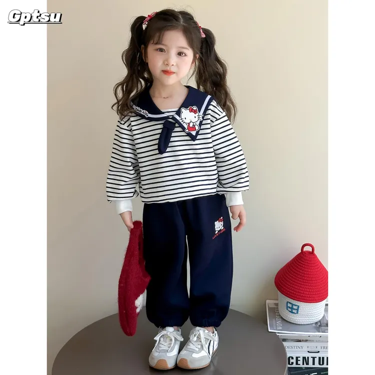 GPTSu海军领套装春秋款2025新款宝宝翻领卫衣秋装女孩条纹两件套