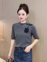 8710百搭洋气拼接洋气显瘦气质网红修身玫瑰花分袖减龄T恤