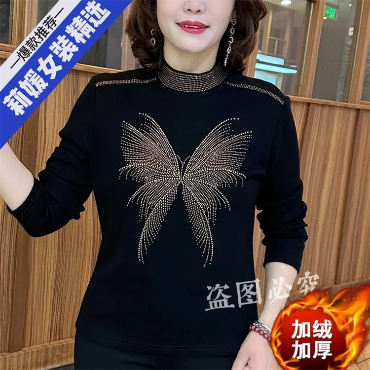 时尚半高领蝴蝶烫钻设计洋气妈妈装潮流百搭休闲加绒加厚打底衫