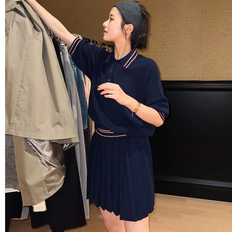 DE Mincollection缪系藏蓝半裙/学院拼色百褶羊毛针织百褶裙40152