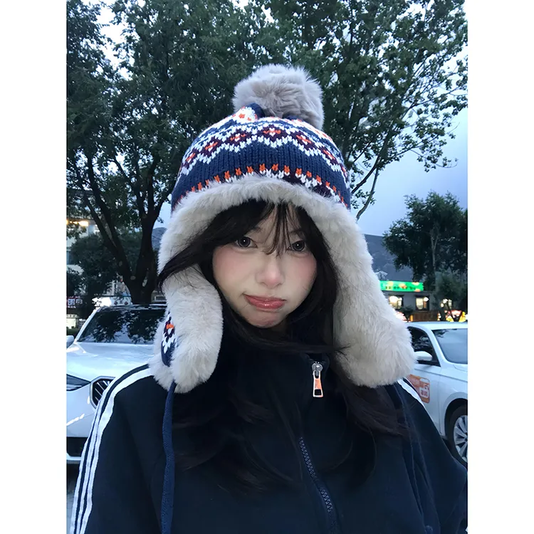 费尔岛风帽子女冬针织毛线帽保暖加绒加厚户外玩雪防寒护耳雷锋帽