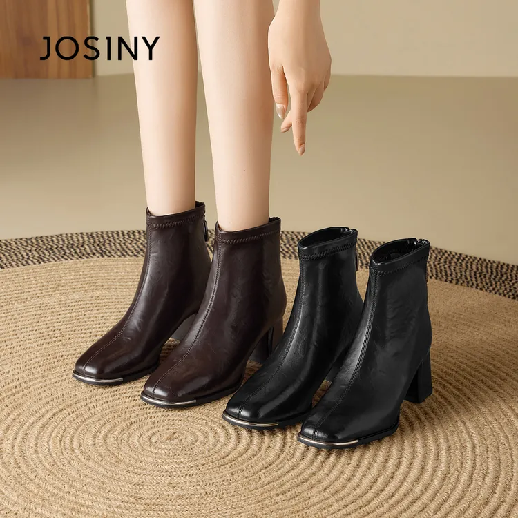 卓诗尼黑色短靴女春季新款粗跟短筒靴方头保暖时尚潮流百搭瘦瘦靴