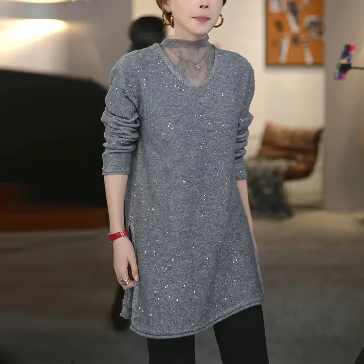 灰色蕾丝半高领毛衣女士秋冬慵懒风宽松中长款亮片内搭针织衫上衣