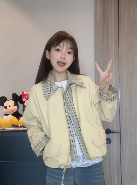 801格子m拼接短款工装外套春款2025新款休闲美式夹克流行时尚百搭