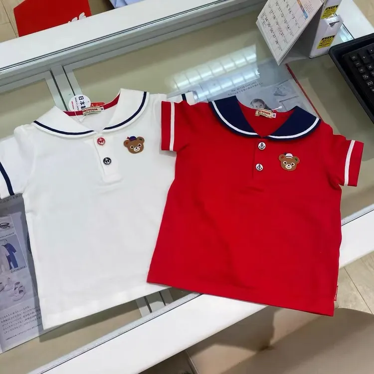 【YB】2025高定MIKI夏潮牌小熊图案海军领纯棉儿童短袖